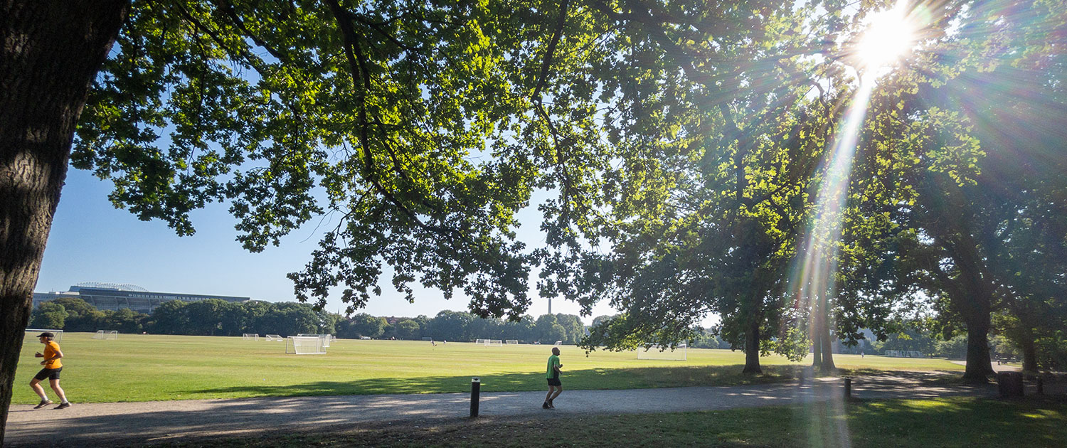 Personer der løber i Fælledparken i København. Det er sommer og der er varmt.